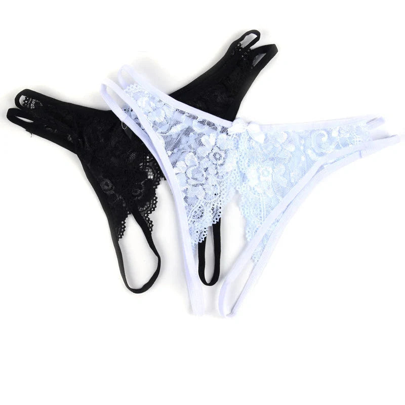 Women's lace thong panties with open crotch design in various colors
