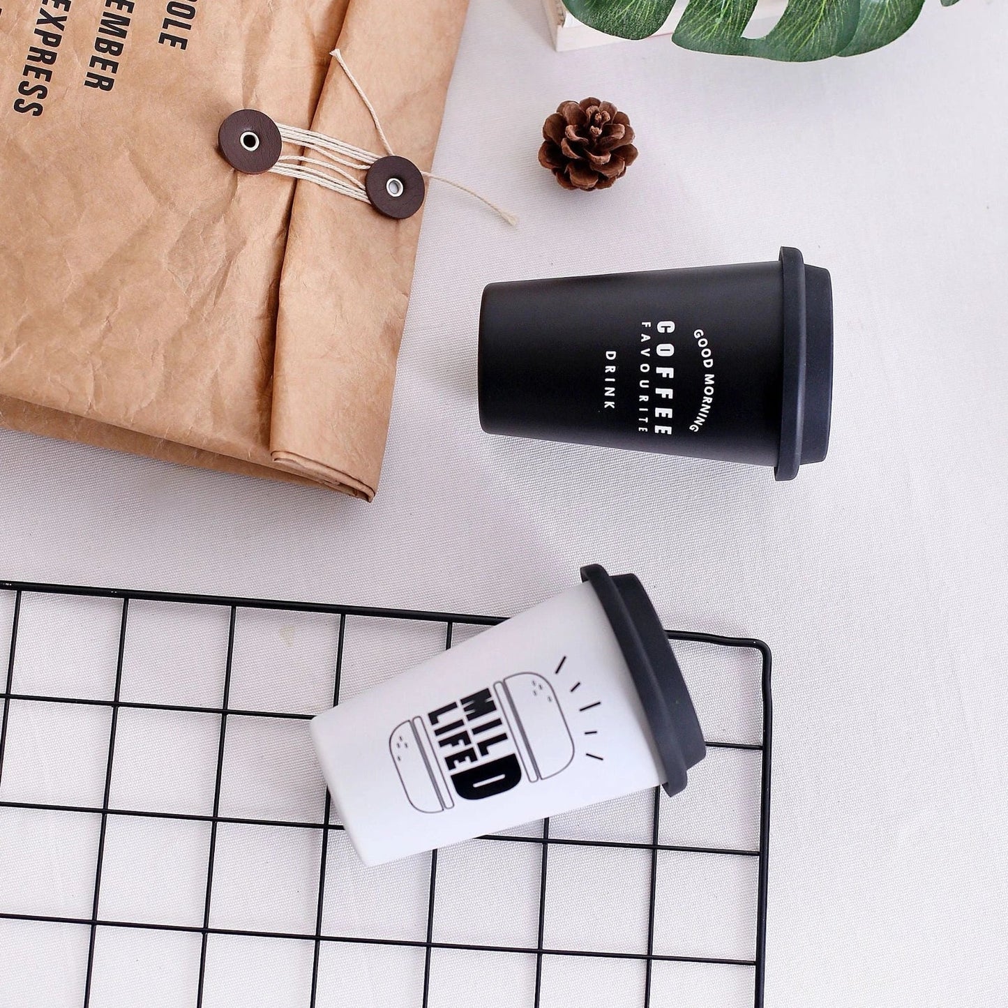 350ml ROKEN stainless steel cup in coffee black with lid, straight and curved straws for travel use