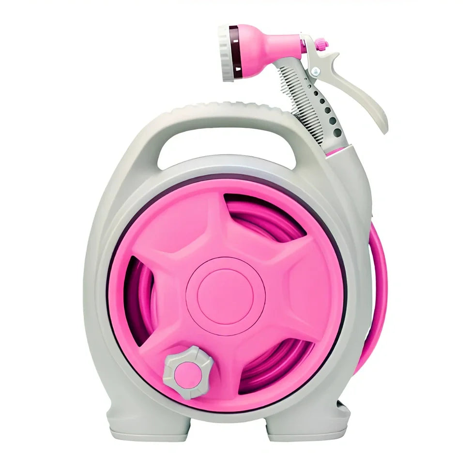 Green car wash hose system with storage frame and collapsible water gun