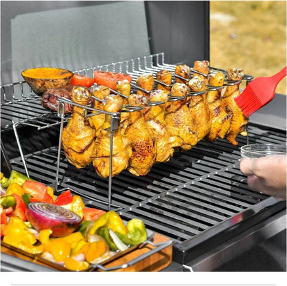 Versatile stainless steel BBQ rib rack with mesh clips, designed to accommodate a variety of chicken wings and legs for even, delicious grilling.