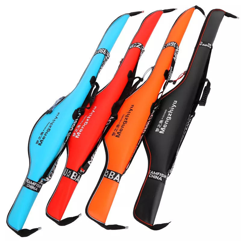 EVA thick portable fishing tackle bag in red, orange, black, and blue