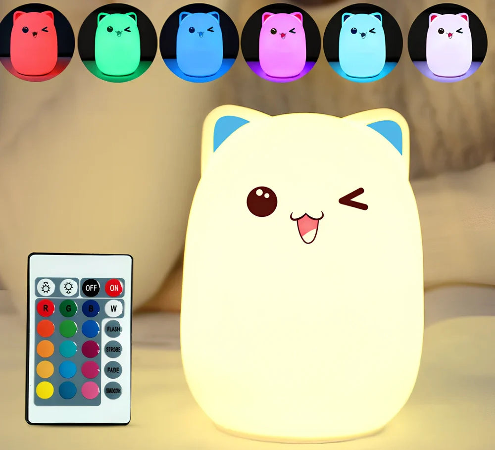 Cartoon silicone night lamp with clap activation in blue or pink, dimensions 100x100x135mm