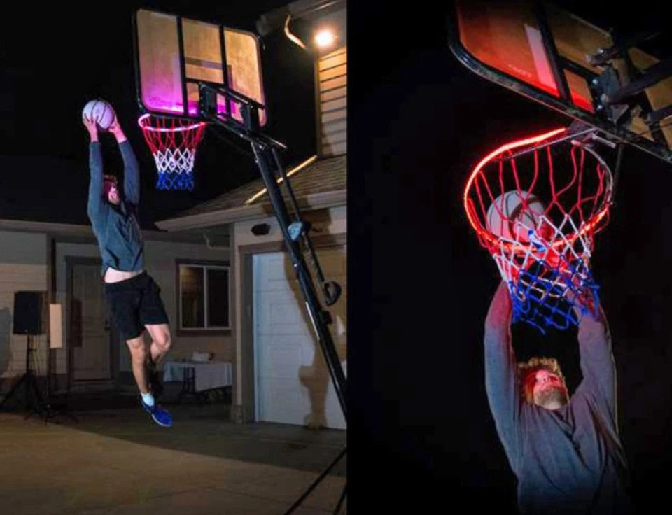 Induction Color Changing Basketball Frame Light attached to rim, illuminating at night