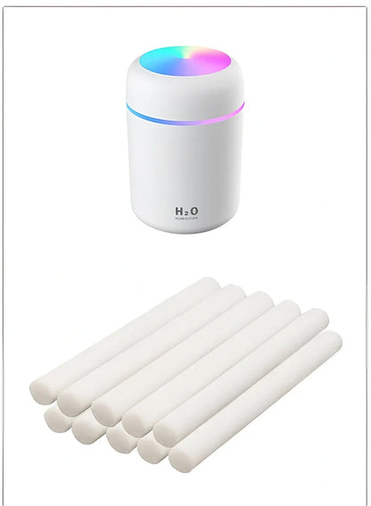 Compact USB car humidifier with colourful LED light and 300ml water tank for vehicle use