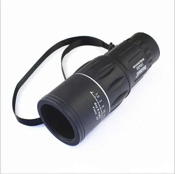 Black 16x52 high-power monocular with 52mm objective lens and textured grip