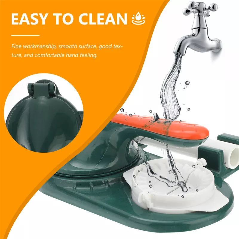 3-in-1 dumpling maker with ergonomic handle in pink, orange, white, and green