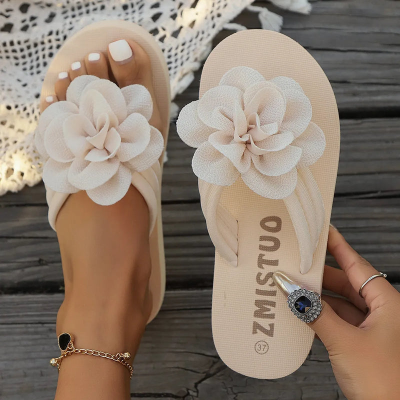 Women's Plus Size Slippers Flower Pattern Solid Colour Flip Flop Slippers with Round Toe Casual PU Slippers in Green Rose Red or Creamy White