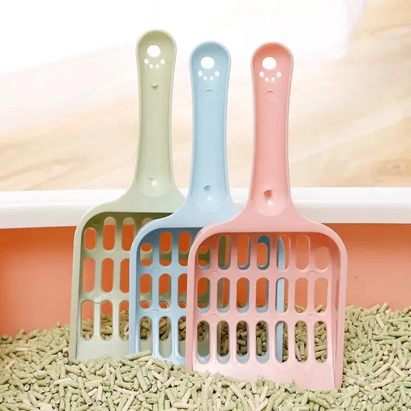 Blue plastic cat litter scoop with dimensions 20cm long by 9cm wide.