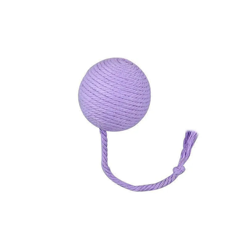 Interactive cat toy ball with bell and rope in green, pink, purple or yellow colours, shown in 3cm and 6cm sizes