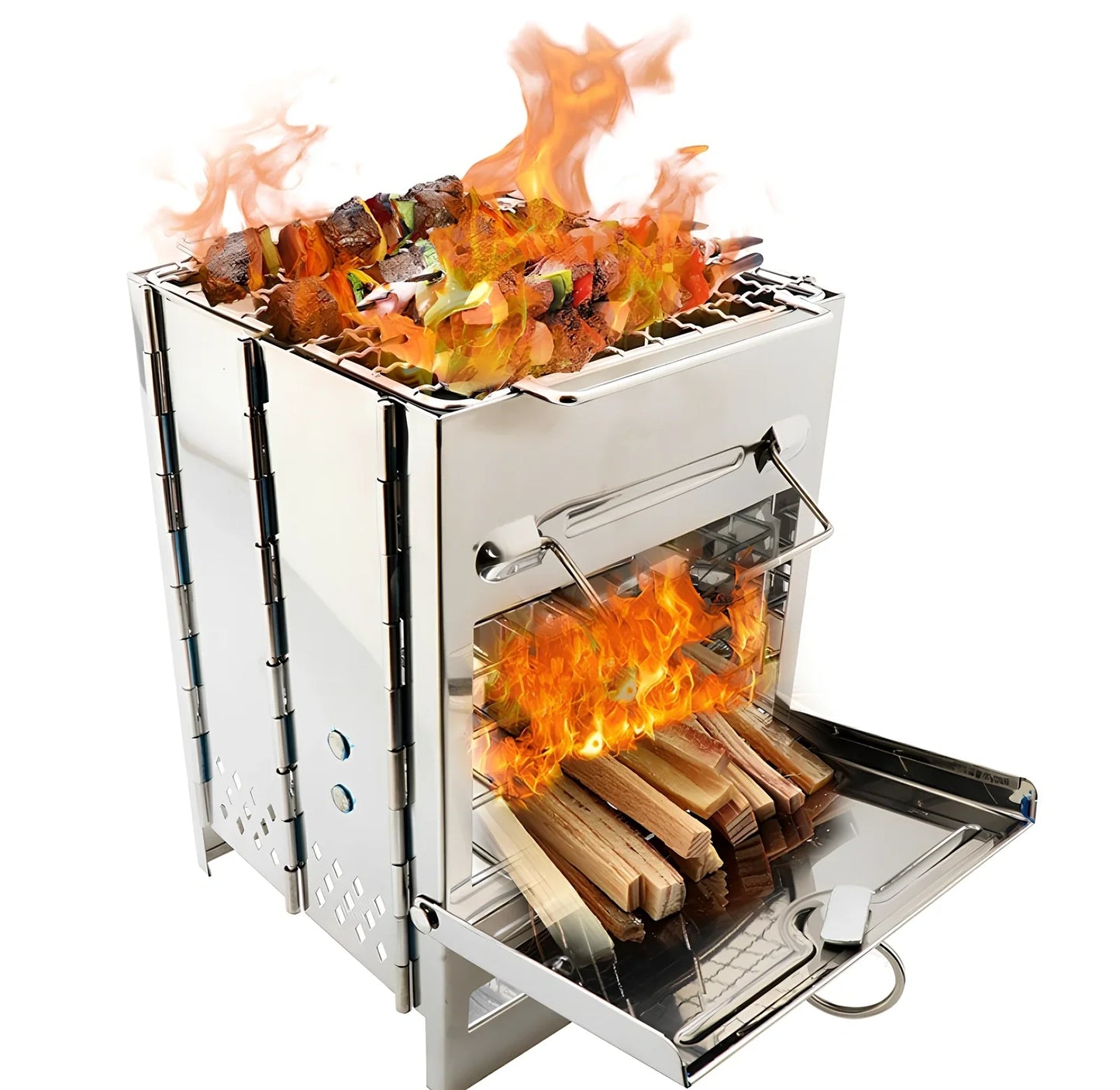 Silver portable folding stainless steel camping stove unfolded to 21x15x15cm with 15x15cm grill for wood and charcoal