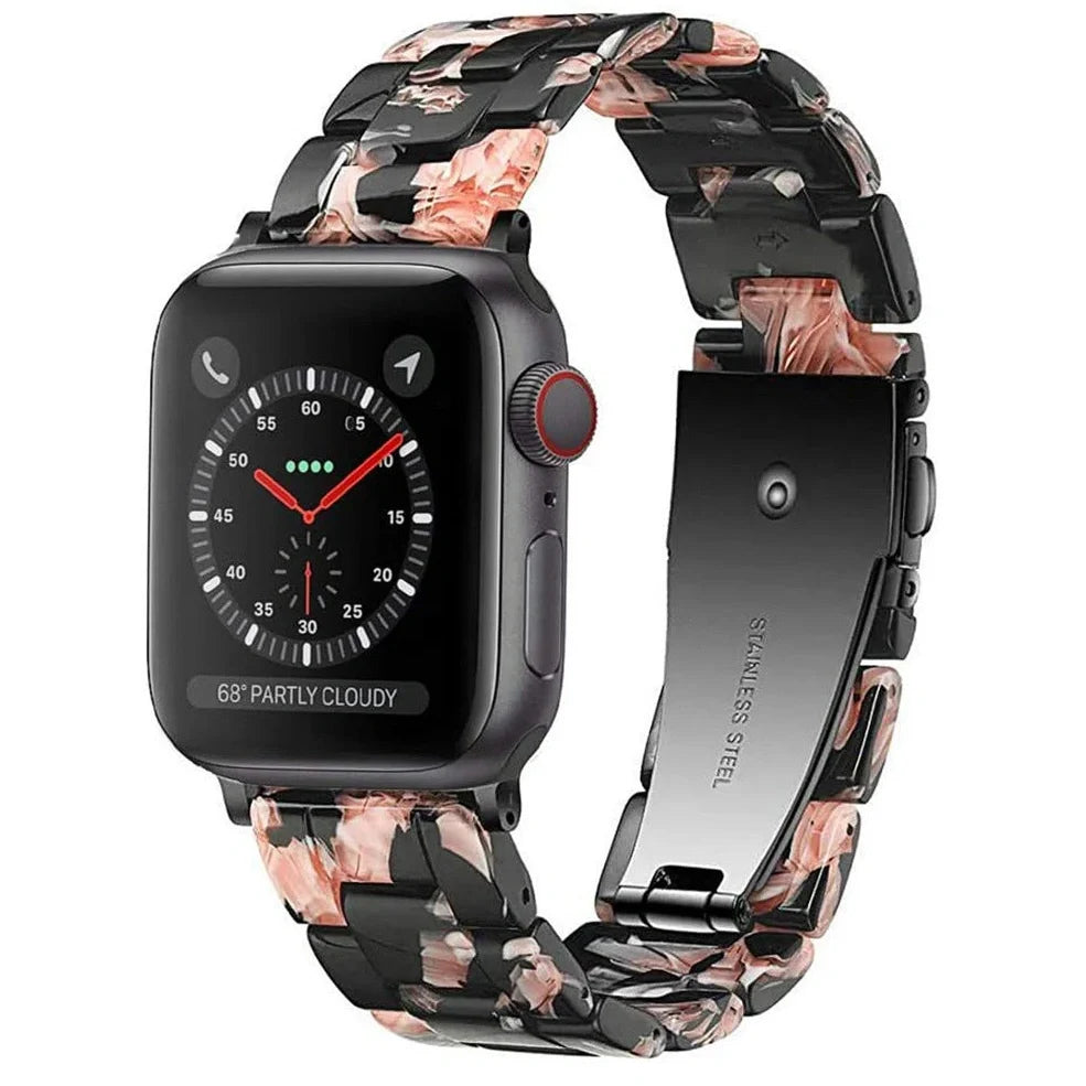 Slim resin Apple Watch strap showing attachment mechanism and colour options