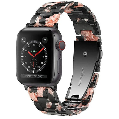 Slim resin Apple Watch strap showing attachment mechanism and colour options