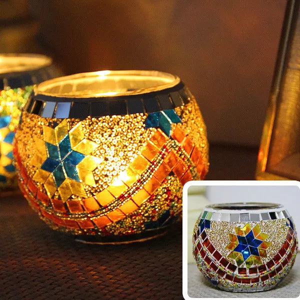 Mosaic glass candle holder in vibrant colors with elegant mosaic pattern