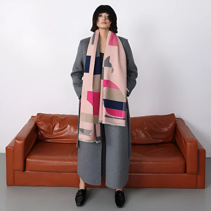 Imitation cashmere scarf in European American style showing 185x65cm dimensions and available colour options