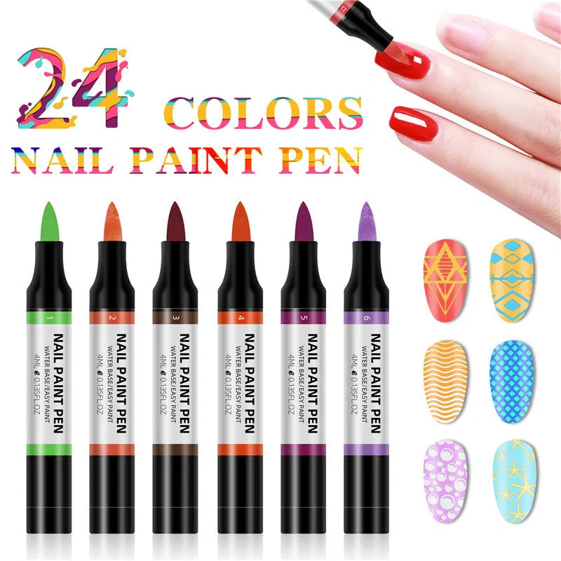 24 color water-based nail polish painting pen for 3D nail art designs