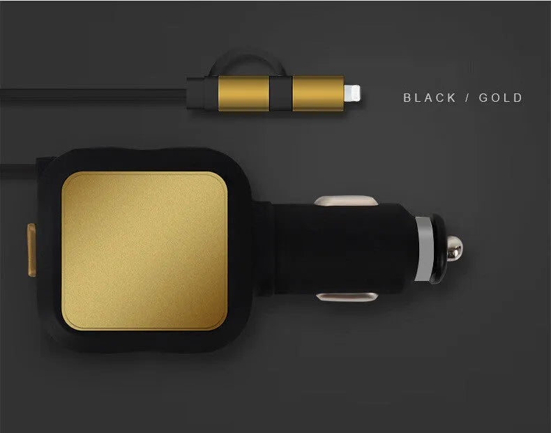 Black and gold dual USB car charger with retractable cable plugged into vehicle power socket