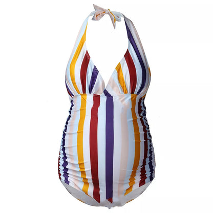 Printed maternity swimwear in pink, adjustable fit for pregnancy comfort