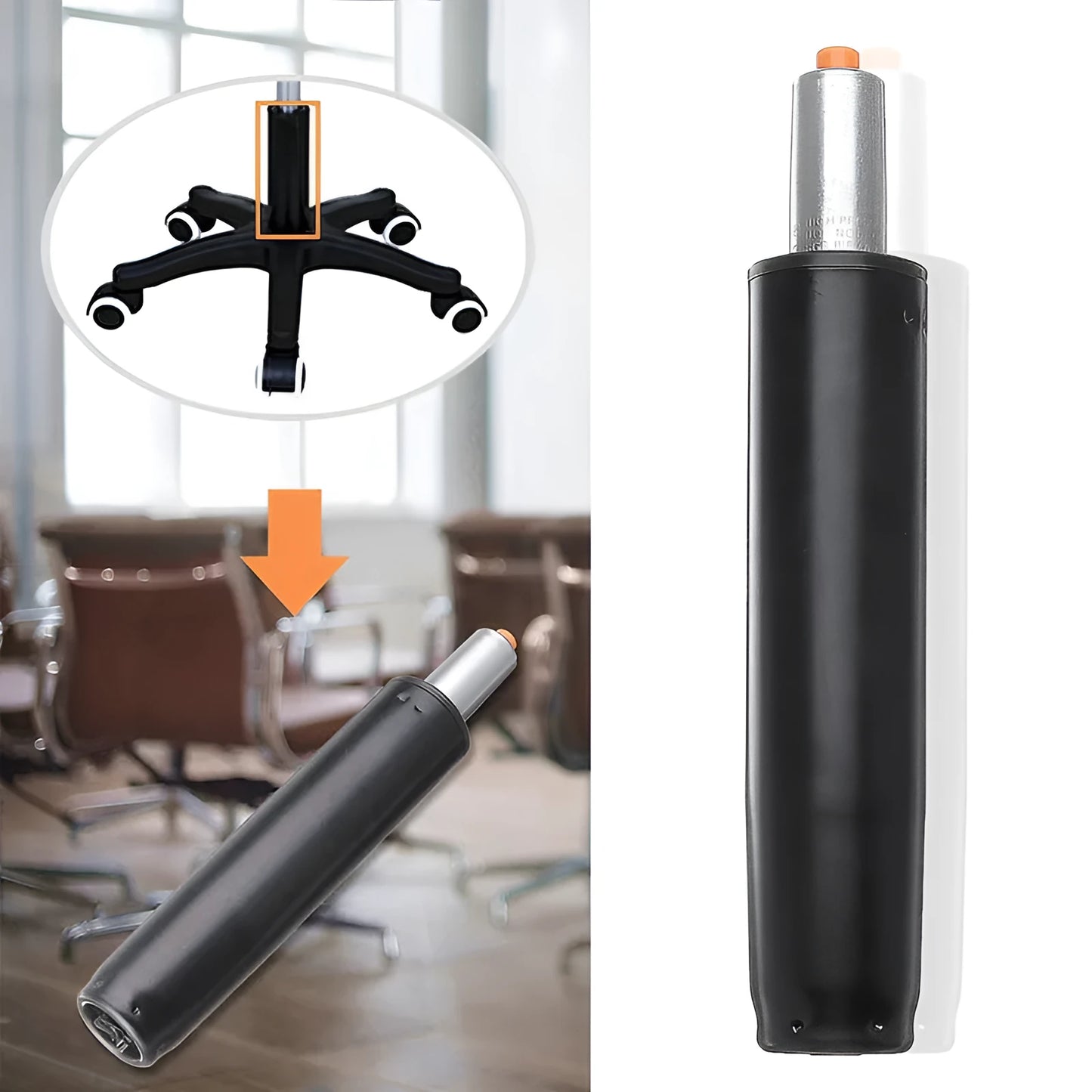 Gas spring for manual lift chair assembly in black paint and silver electroplated finishes.