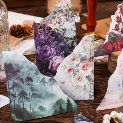 DIY craft set with 20 floral note sheets and matching printed bookmarks in six colours.