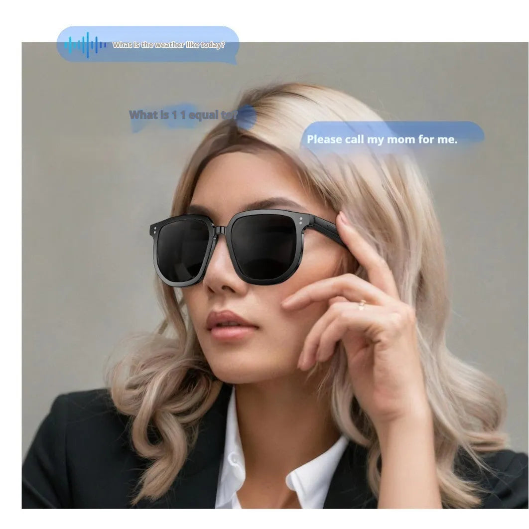 Black AI Smart Glasses with Bluetooth audio, showing touch controls on temple arm and UV400 lenses.