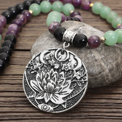 Long yoga necklace with geometric lotus pendant and stone beads, matching bracelet, adjustable 51-80cm chain