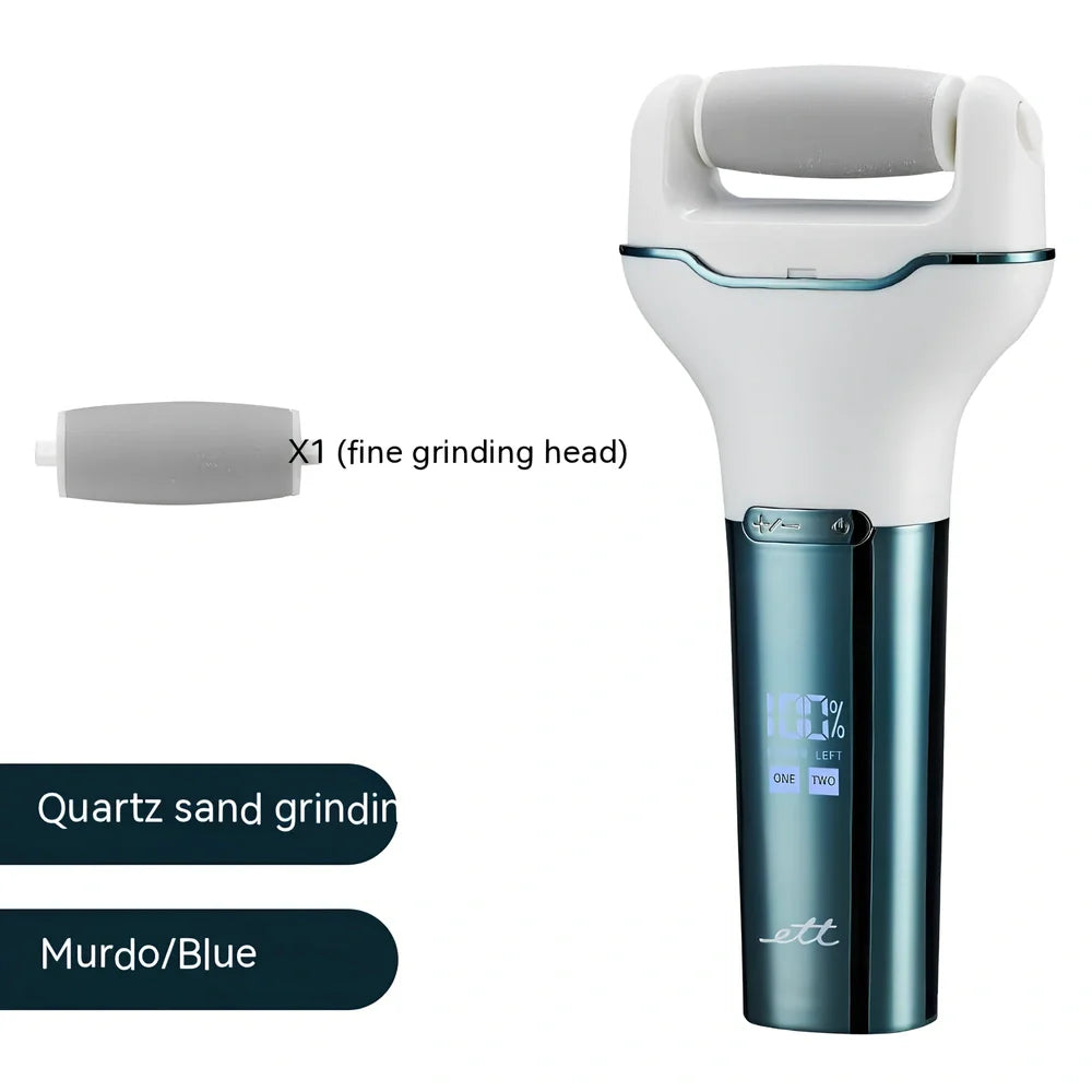 Electric foot grinder with digital display in rose pink colour, showing compact 173×80×30mm waterproof design