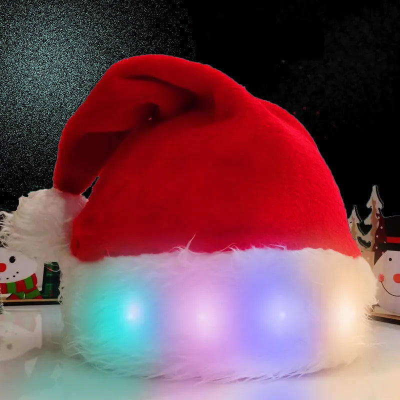 Red and white plush Santa hat with LED lights around brim in Christmas setting