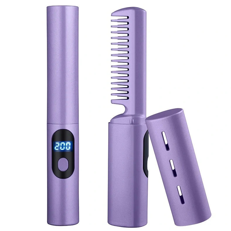 Purple wireless straight comb with digital display and ceramic heating plates for cord-free hair styling