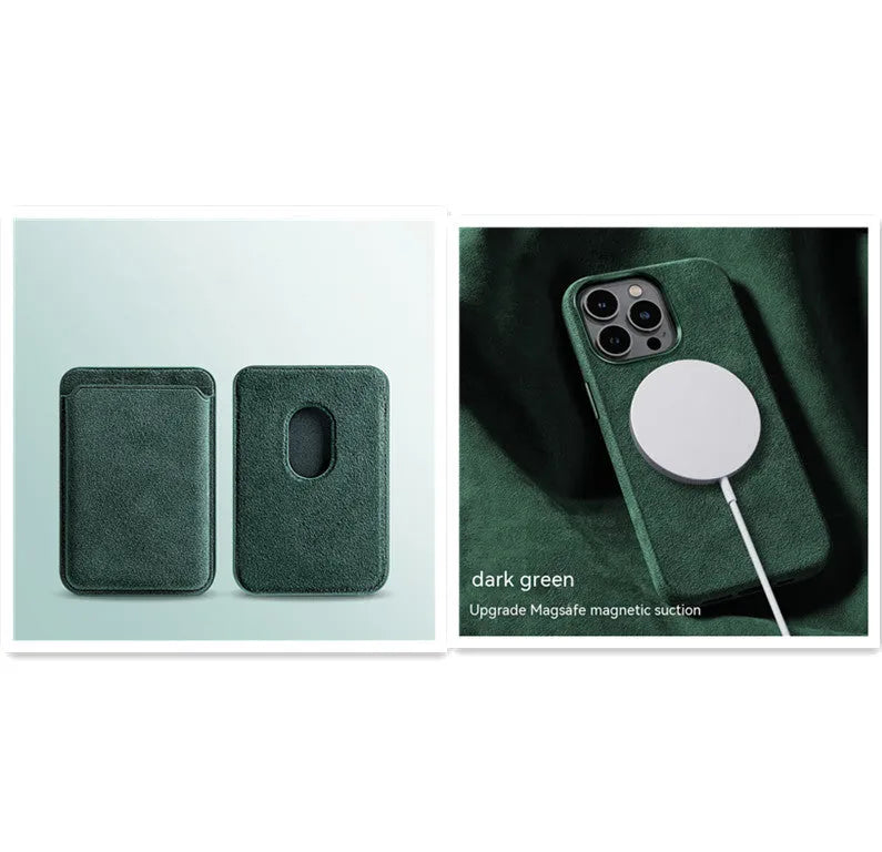 Suede magnetic wireless charger phone case for iPhone with card bag, dark green, back cover