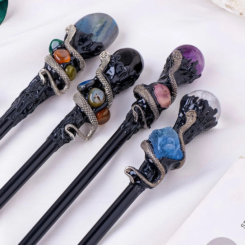 Natural crystal ball magic wand with wooden handle showing labradorite, obsidian, white crystal, or amethyst options