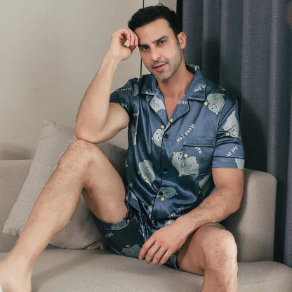 Men's ice silk short sleeve pyjamas set with cardigan style in picture colours
