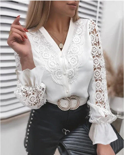 Women's white long sleeve V-neck lace button shirt with floral panel