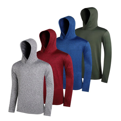 Set of four grey men's lightweight polyester hoodies folded, showing hooded and non-hooded styles.