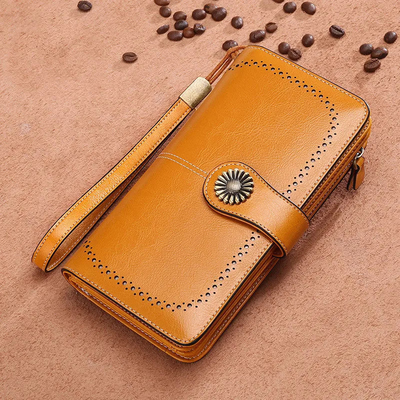 Women's long zipper clutch wallet in bovine split leather with polyester lining, vertical square shape, available in Black, Green, Red, and Yellow.