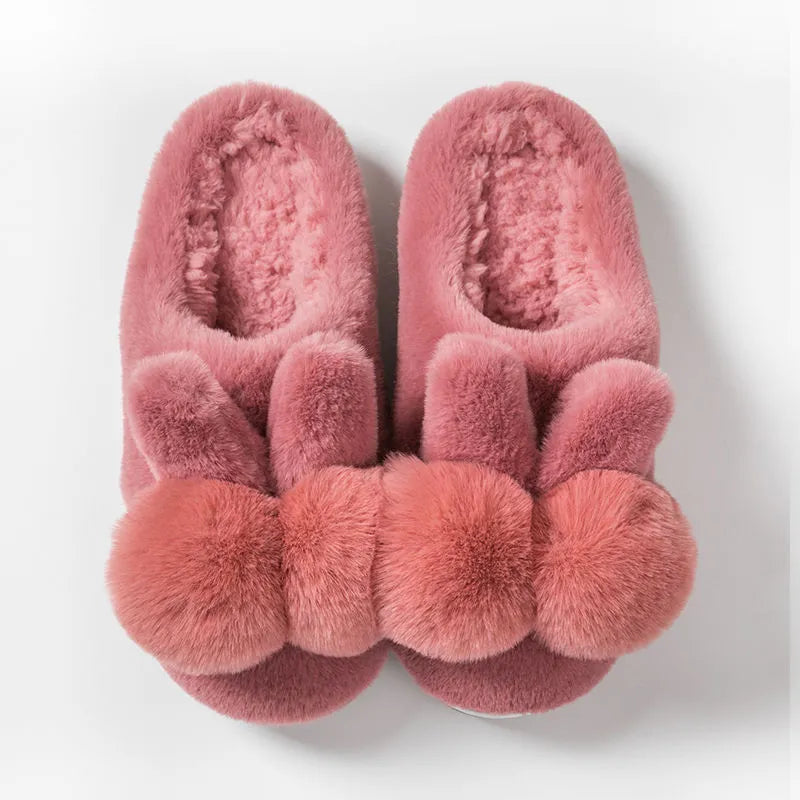 Bunny Fluffy Slippers with rabbit fur uppers in high-top design for winter, showing decorative flower details