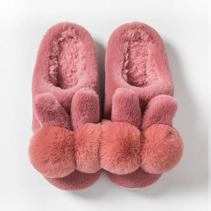Bunny Fluffy Slippers with rabbit fur uppers in high-top design for winter, showing decorative flower details
