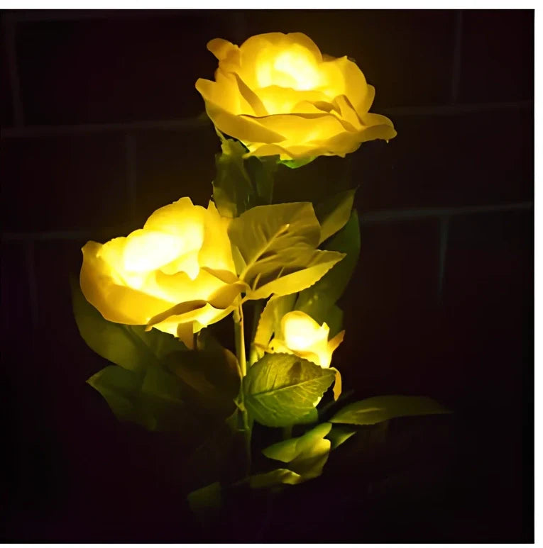 Solar rose garden lamp with white LEDs and crepe petals for pathway lighting