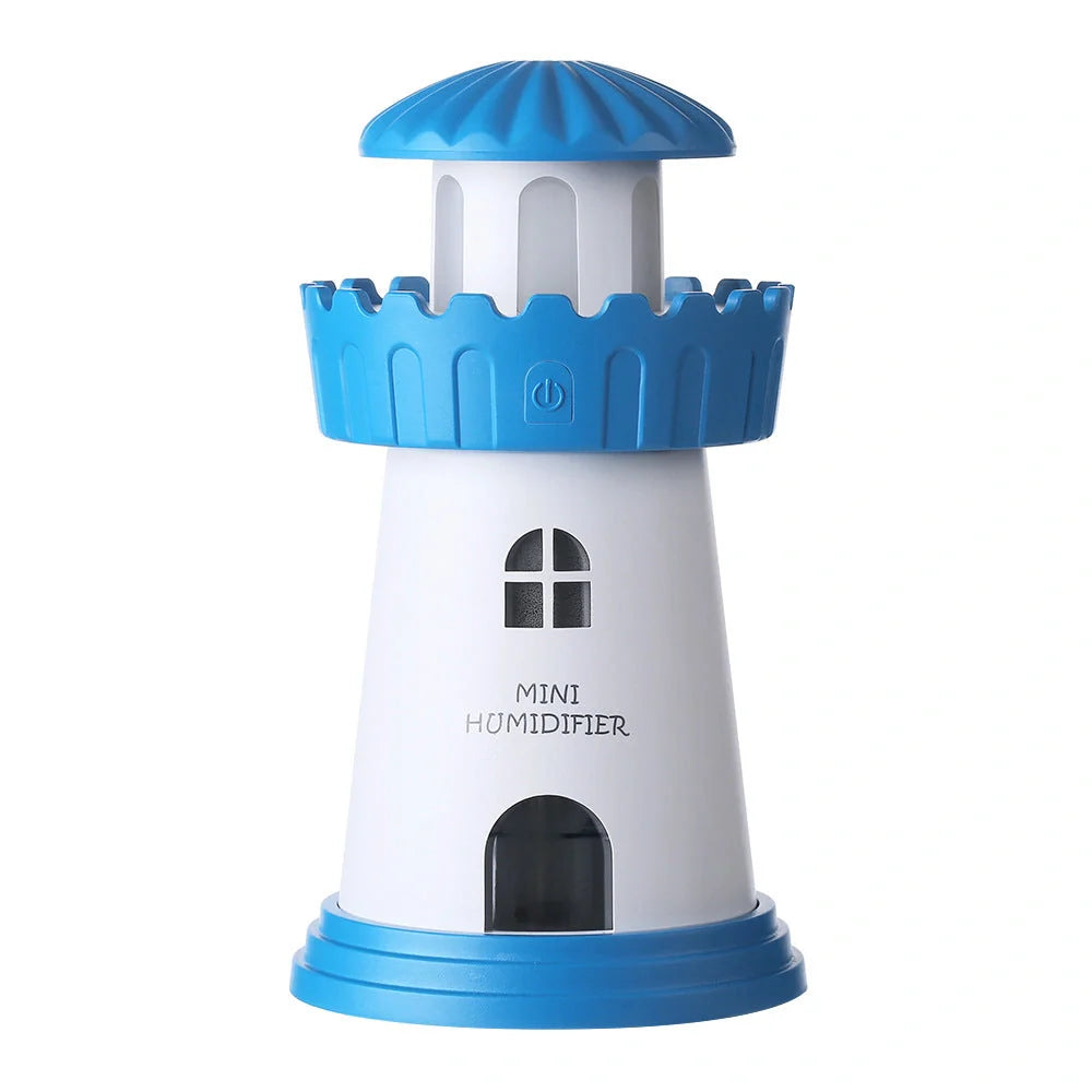 Lighthouse Humidifier with USB night light in five colors: green, pink, blue, red, gray