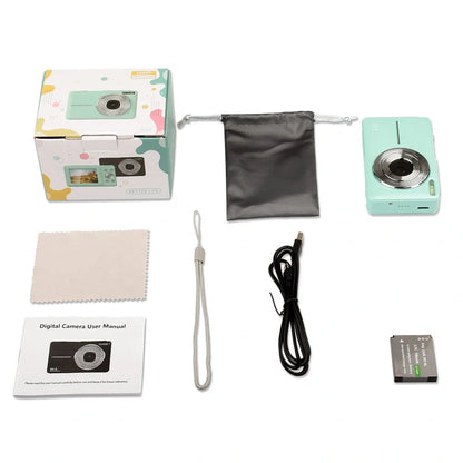 Children's mini digital camera in black, pink, and green with HD video and photo capabilities