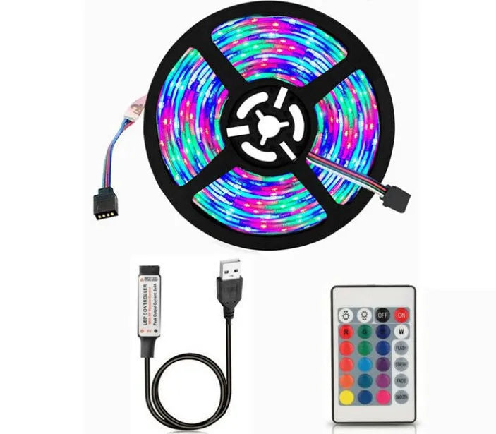 USB-powered flexible LED light strip showing SMD5050 LEDs along 1-metre length with connected USB cable