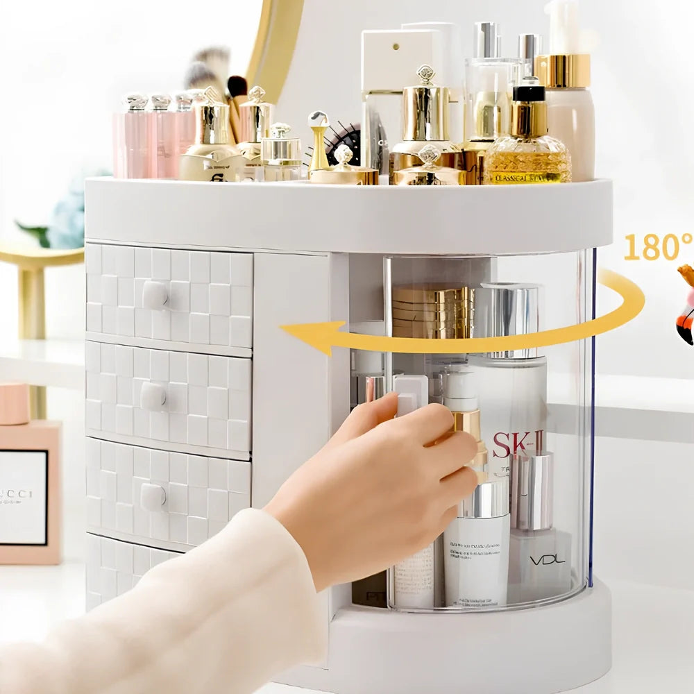 White plastic skincare storage rack with multiple compartments measuring 29.5cm wide