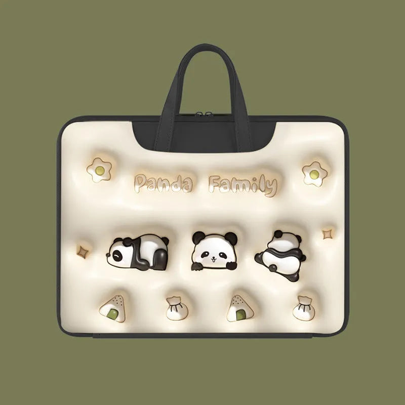 PU leather inflatable laptop bag with strap, shown in a cartoon pattern design, hanging from a suitcase handle.