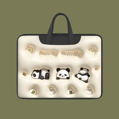 PU leather inflatable laptop bag with strap, shown in a cartoon pattern design, hanging from a suitcase handle.