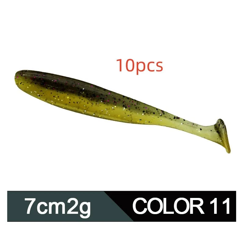 7cm soft worm fishing lure with two-tone T-tail in various colours for Mandarin fish and Topmouth Culter