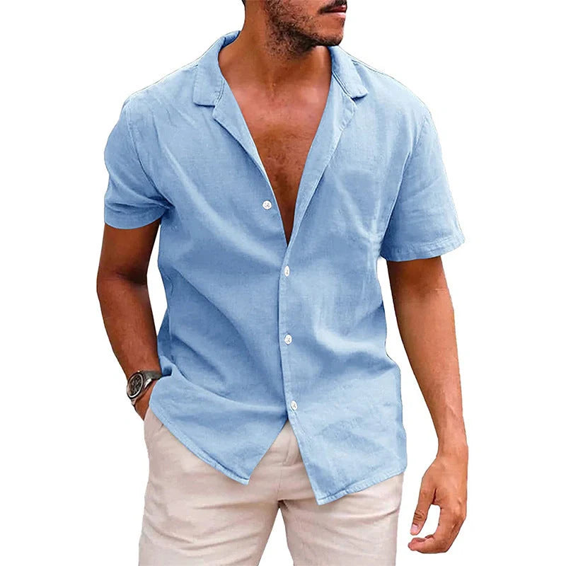 Men's casual linenCotton short sleeve button-down shirt in various colors
