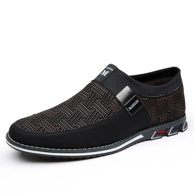 Men's grey and white synthetic leather casual shoes with square toe and flat rubber sole.