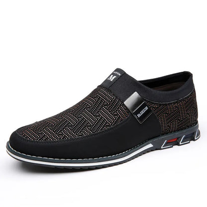 Men's grey and white synthetic leather casual shoes with square toe and flat rubber sole.