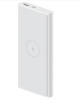 Black or white 10000mAh power bank with USB Type-C input and wireless charging surface