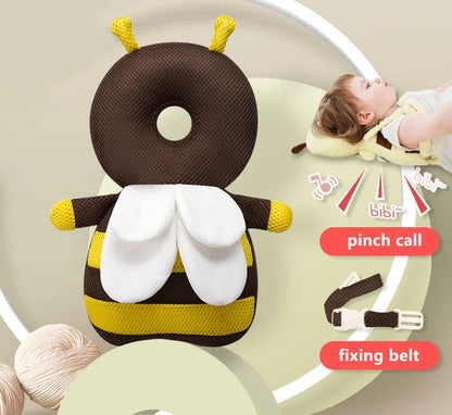 Baby wearing a head protection cushion backpack, designed for safety and comfort during play