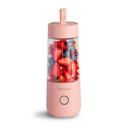 White portable USB rechargeable blender bottle with silicone carrying ring, 350ml capacity.